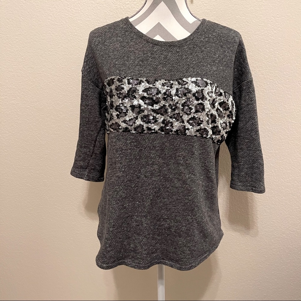 Style & Co Gray Terry Sequin Mixed Media Animal Print Pullover Sweater XS
